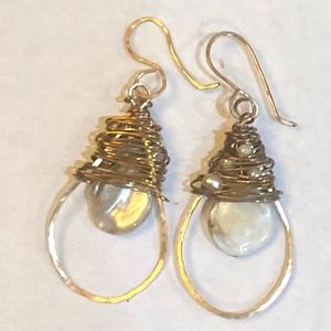 Wire Wrapped Gold and Flat Pearl Earrings